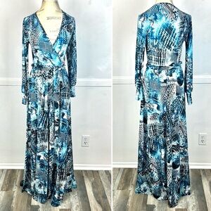 Go Couture Blue & Black Long Sleeve Maxi Dress Extra Long Stretch Sz. S Belted
